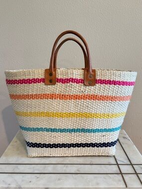 Mar Y Sol Woven Raffia Tote with Multicolor Stripes and Brown Leather Handles